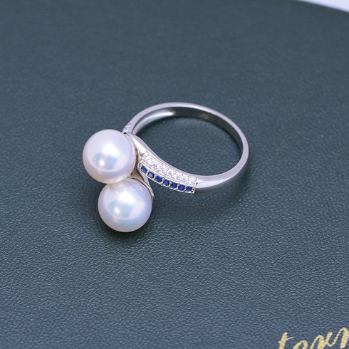 Dual Pearls Blue Zirconia Cross Ring - Sterling Silver